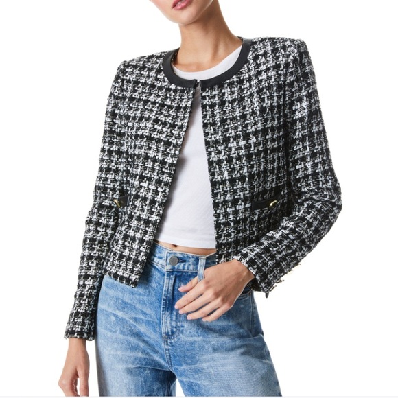 Alice N Olivia DONITA FAUX LEATHER TRIM TWEED LINED DETAILED BLAZER JACKET SZL